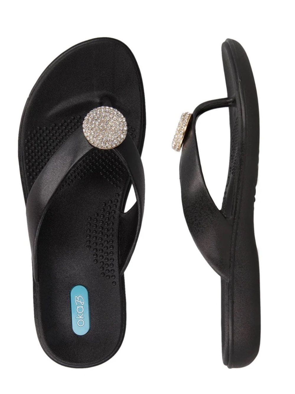 OKA b. Black Flip Flops with Gold-Tone Jewel Accent New Size S 6